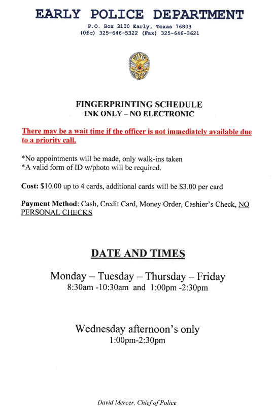 fingerprinting schedule 
