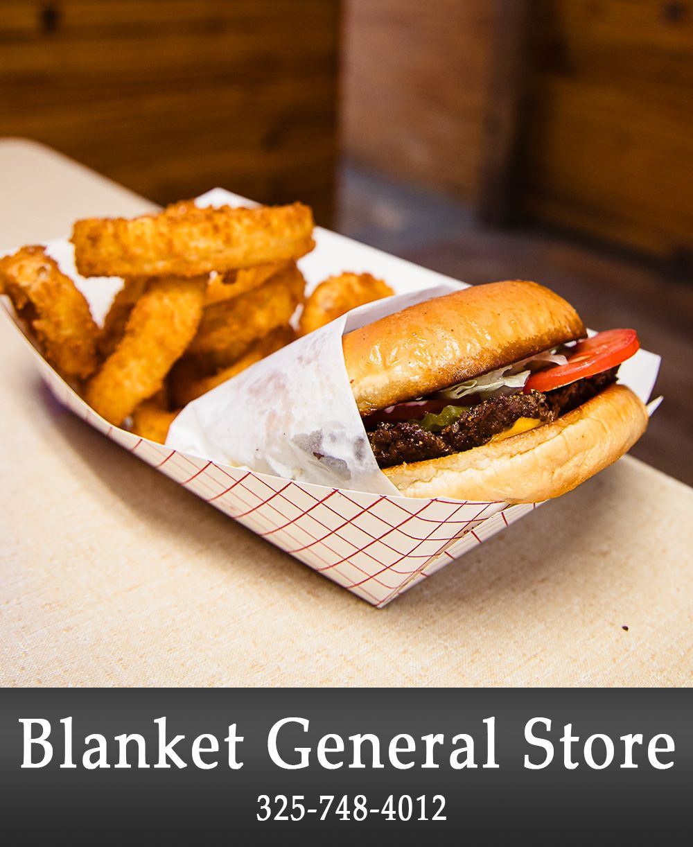 Image of a Burger and Onion Rings